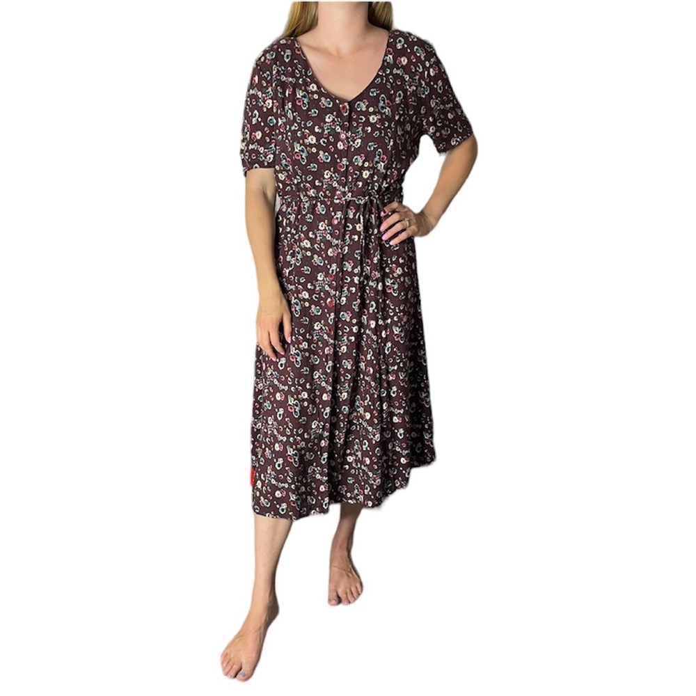 Vintage Floral Button Front Tie Belt Midi Dress